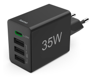Ładowarka i akumulator HAMA ŁADOWARKA SIECIOWA 35W (3X USB- A, 1X USB-C), CZARNA